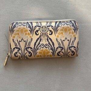 Tory Burch Gold and Blue Patterned Wallet